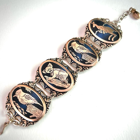 Wide Vintage Link Cuff Bracelet Adjustable Koala Kangaroo Animals Birds Unique - Picture 3 of 9